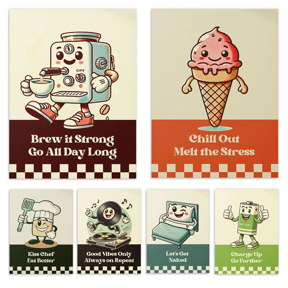 Retro-Cartoon-Eis, Kassette, Vinyl-Schallplatte, Bleib ruhig, Kontrollzitat, Kaffeetasse, Stressabbau-Poster zum Entspannen