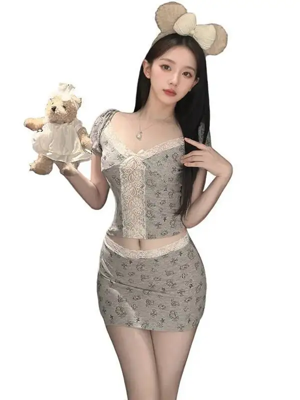 Pyjama Style français pour femmes, ensemble jupe Sexy en dentelle imprimée, manches courtes, moulant, vêtements de maison, charmant, P7LF