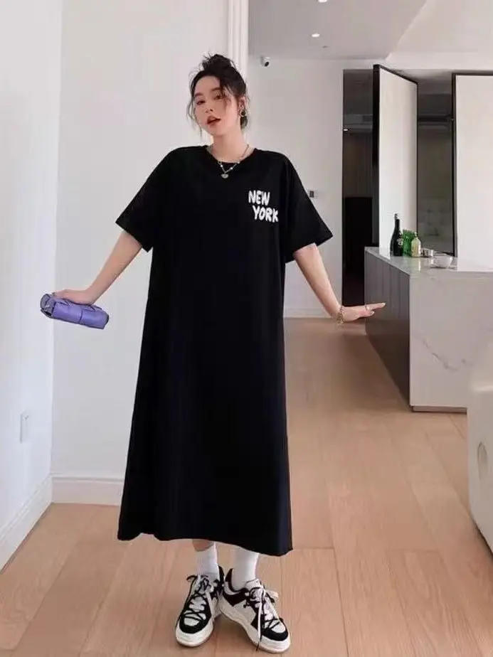 

Loose Mid-Length Short-Sleeve T-Shirt Dress Korean Style Personalized Hong Kong Style Design Sensation Outerwear Capable Skirt