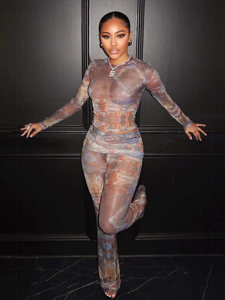 

Женский прозрачный комплект из 2 предметов Sisterlinda, укороченный топ с ярким принтом + брюки на лацкане, одинаковые эластичные узкие клубные наряды полуночной одежды