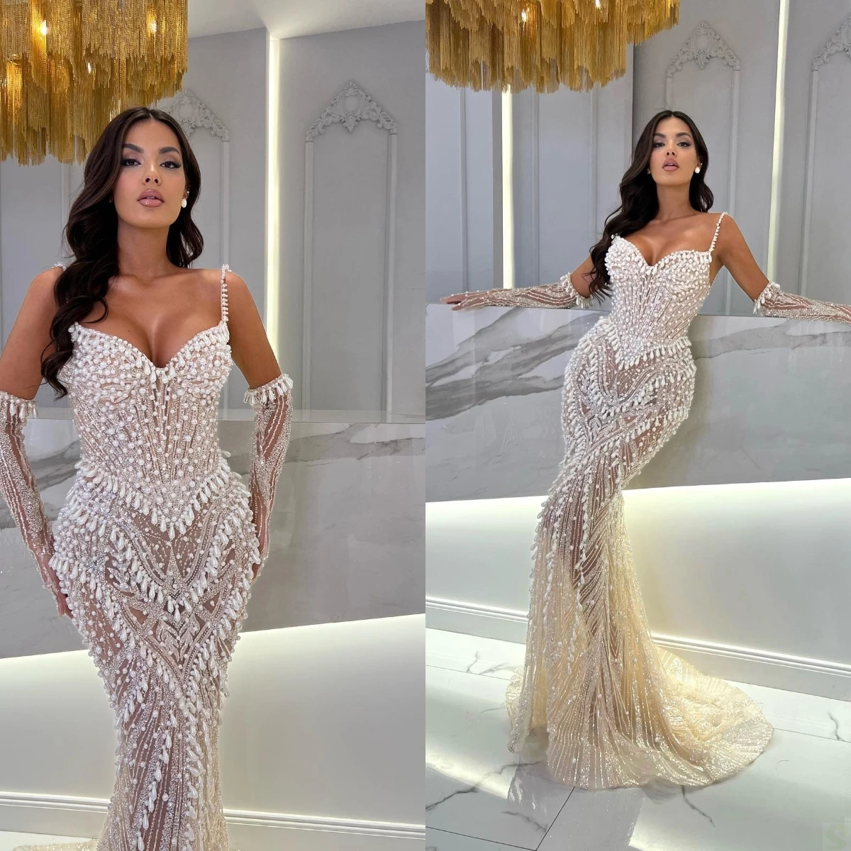 

Glamorous Mermaid Illusion Evening Dress Lace Sequined Prom Gowns Spaghetti Straps Sleeveless Party Dresses Custom Made