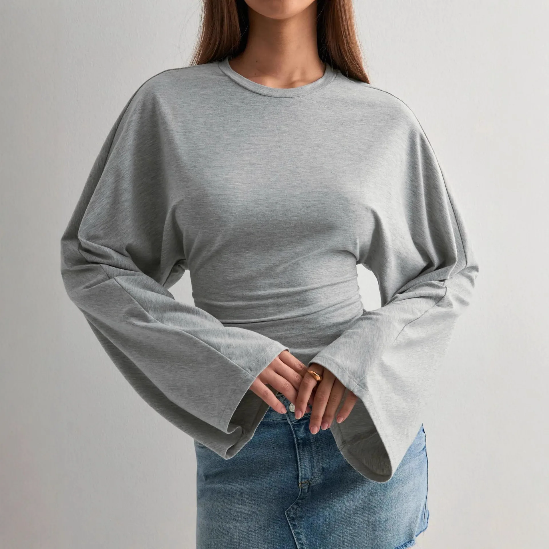 

026 Spring and Autumn New Women's Clothing Amazon Style Solid Color Round Neck Long Sleeve Waist Casual Top