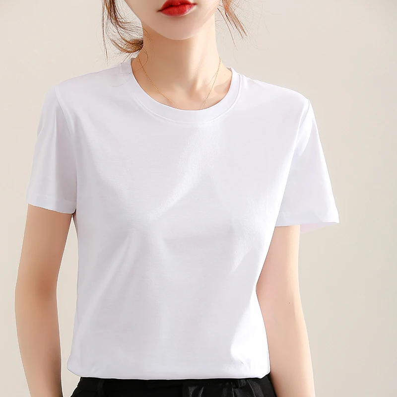 Summer High Quality Pure Mercerized Cotton T-shirts Women\'s Loose Round Neck Short Sleeve Tees Female T Shirt Solid Color Tops