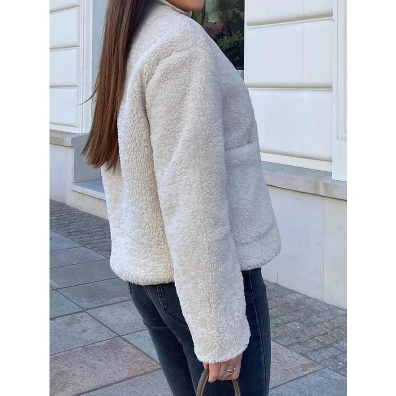 Femmes automne et hiver décontracté en peluche poche corne bouton à manches longues manteau veste chaude