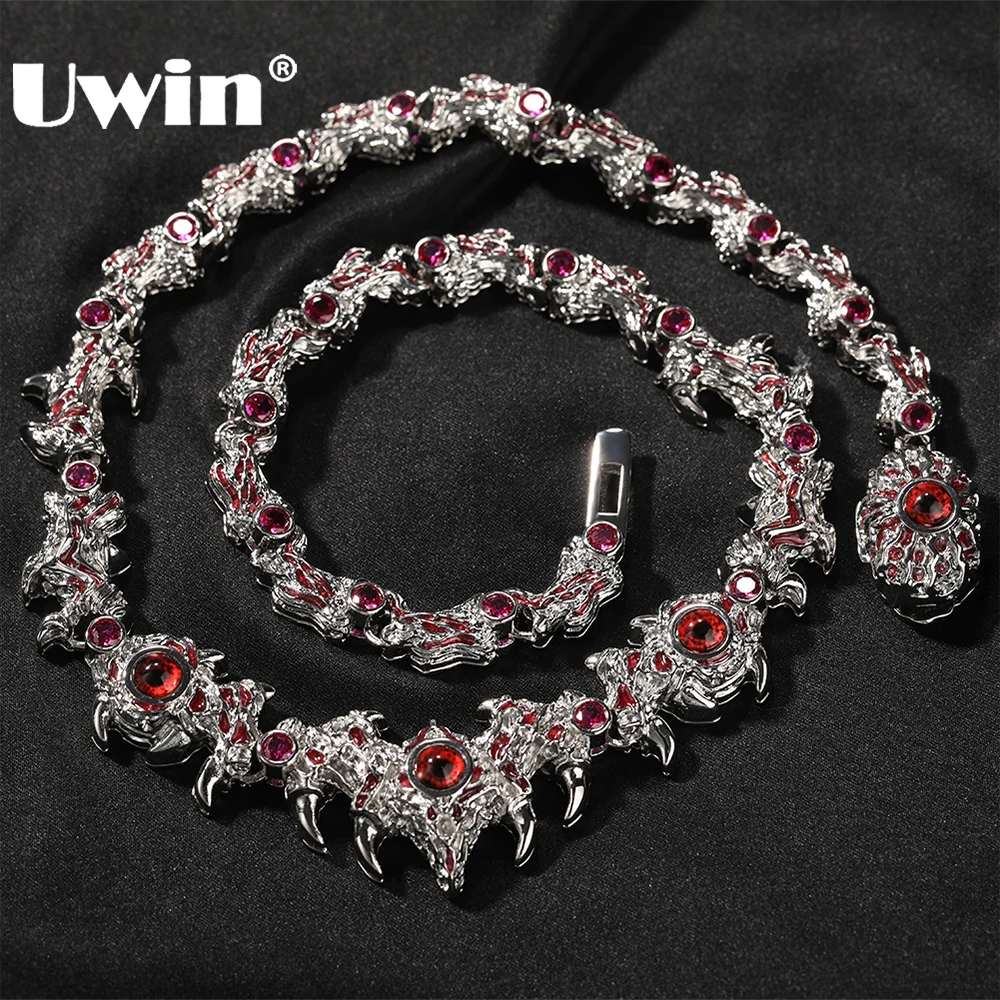 

UWIN Iced Out Silver Color Red Eyes Chain Necklaces for Women Men Thrilled Claws Cubic Zirconia Hip Hop Jewelry for Gift