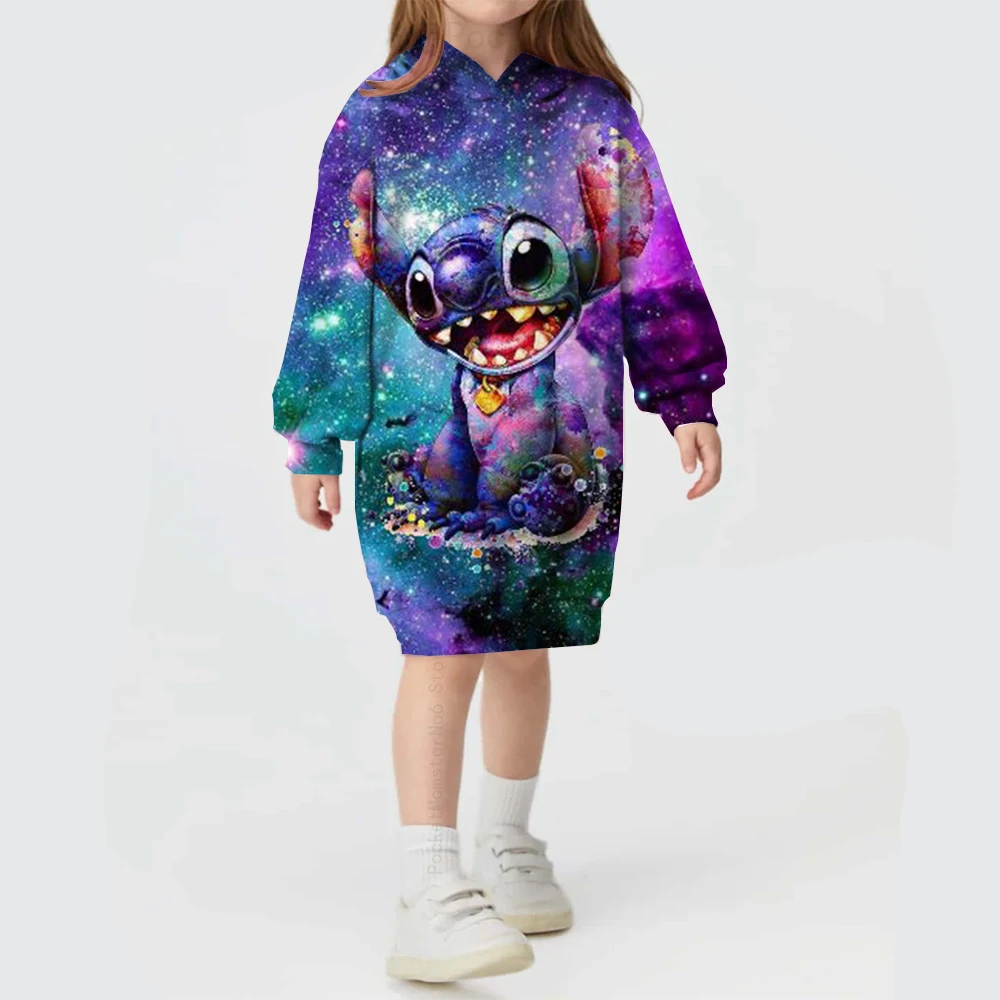 Disney Stitch baskı sonbahar ve kış sevimli karikatür kapüşonlu etek kız doğum günü partisi rahat rahat kazak kapüşonlu etek