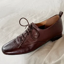 Women's cow leather lace-up flats oxfords square toe high quality soft comfortable causal female four season daily shoes woman