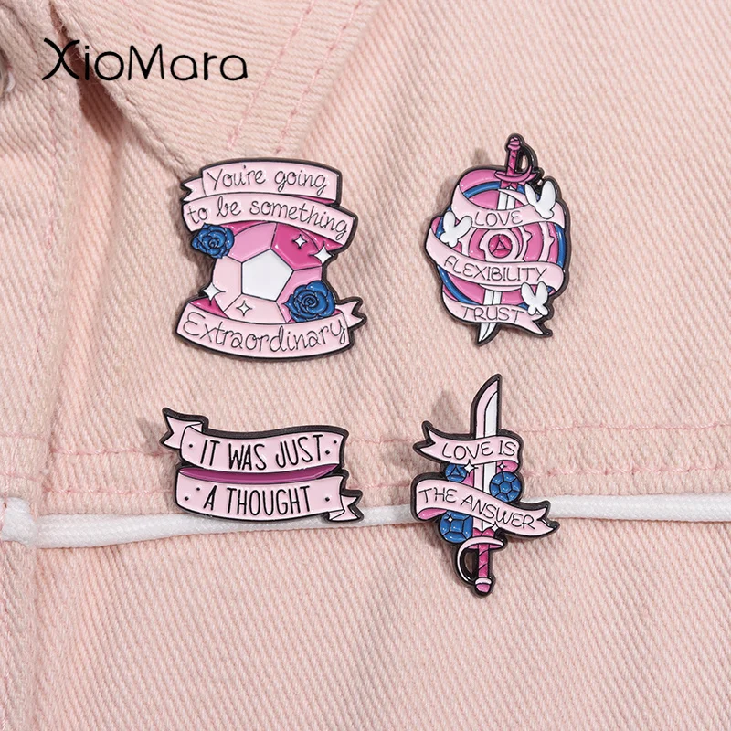 Cartoon Animated Collect Enamel Pin Love Is The Answer Pink Gemstone Brooches Lapel Backpack Badge Jewelry Gifts For Friends