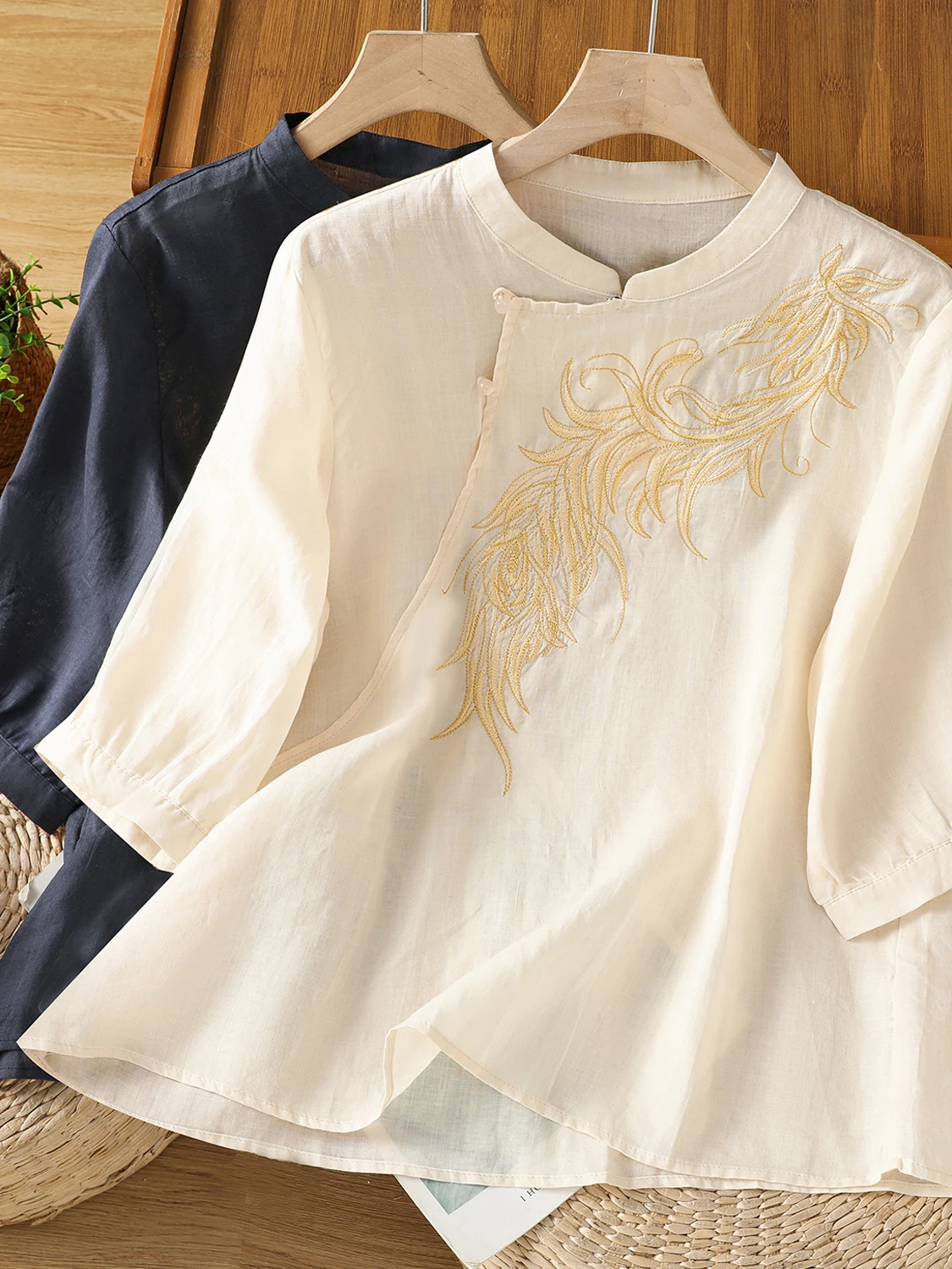 

Повседневный свободный женский оверсайз с вышивкой и воротником-стойкой Five Sve, свободный топ с наклонными пуговицами, художественная смесь хлопка