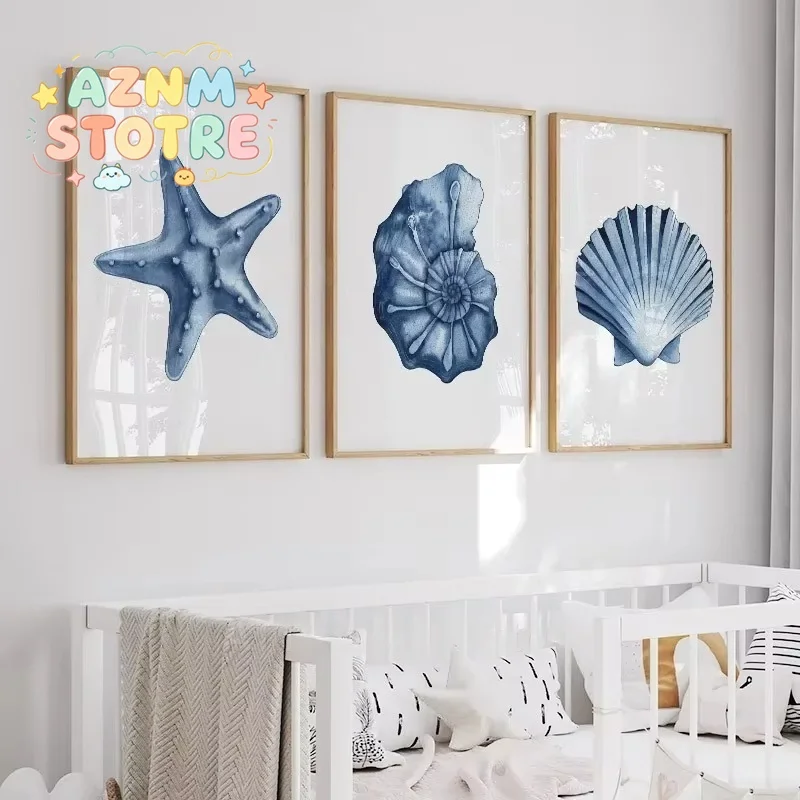 Coral Seaweed Starfish Shell Conch Navy Blue Posters Prints Wall Art Canvas Painting Pictures For Living Room Decor