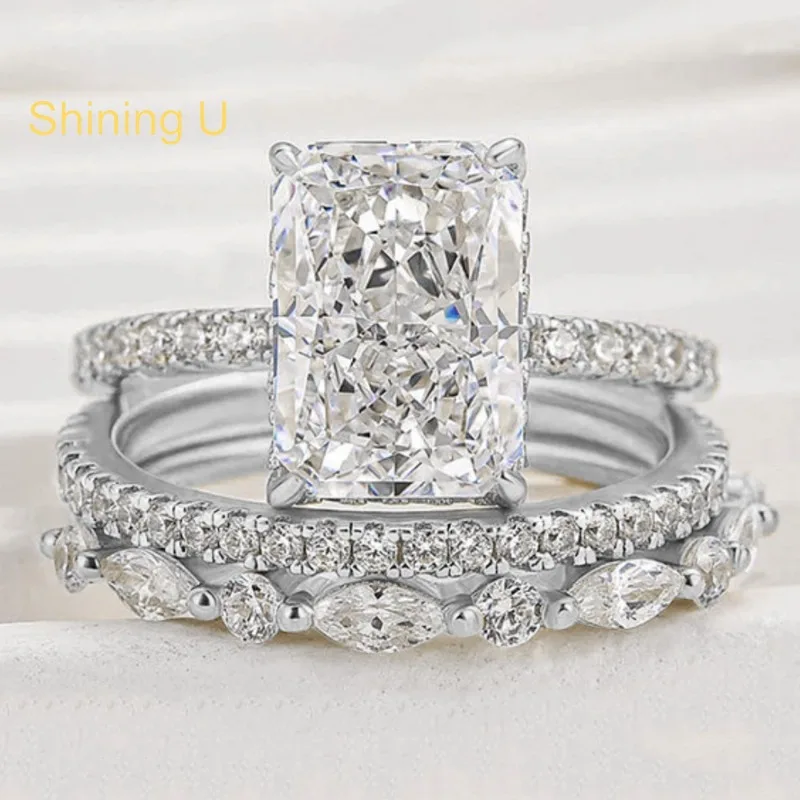 Shining U S925 Silver High Carbon Diamond Gems 3.5CT Ring Set for Women Fine Jewelry Wedding Summer