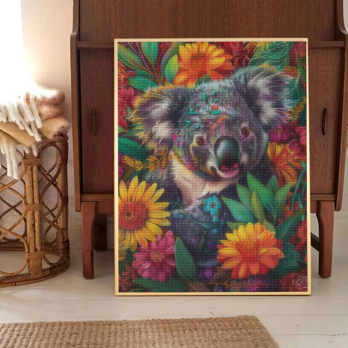 RUOPOTY 코알라 다이아몬드 그림 동물 크로스 스티치 자수 전체 라운드 다이아몬드 그림 홈 장식을위한 라인 석 선물