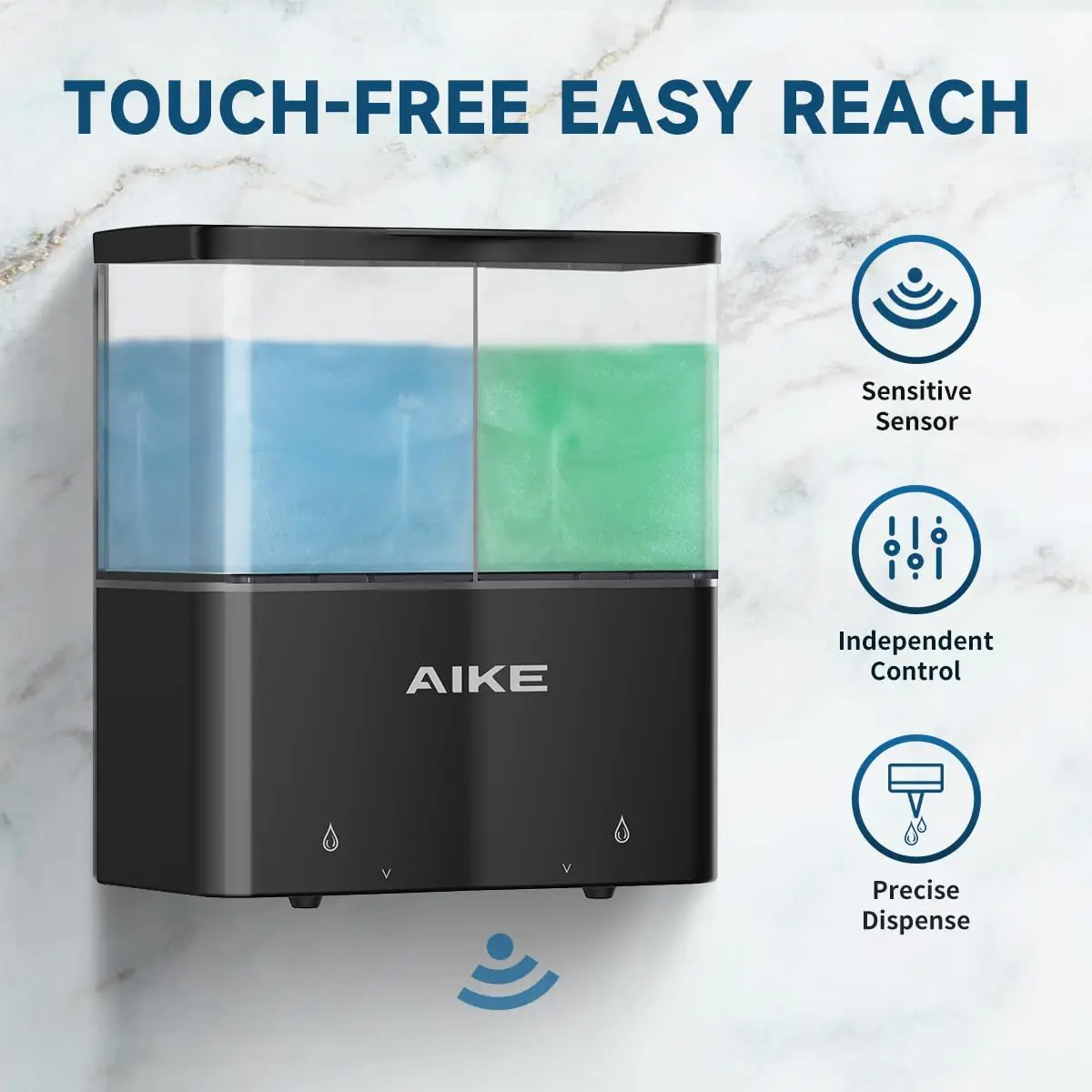 AIKE Shower Dispenser Touch-Free Wall Mount Double Chambe Soap Dispenser for Bathroom Liquid Shower Gel and Hand Sanitizer