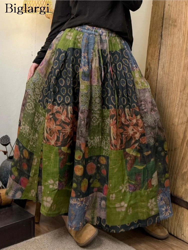 

Oversized Autumn Skirt Women Flower Floral Print Fashion Ruffle Ladies Skirts Casual Loose Pleated Woman Elastic Waist Skirt