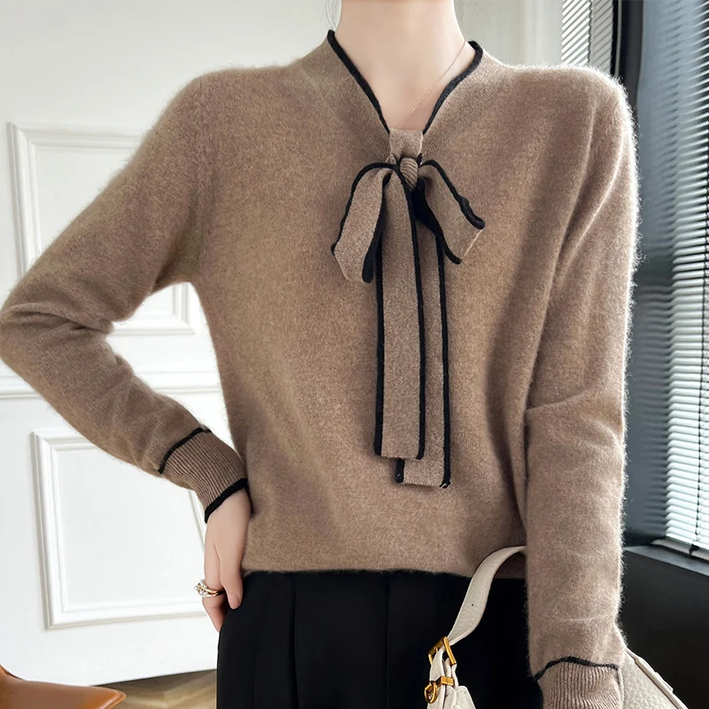 Женский свитер из 100% мериносовой шерсти с галстуком-бабочкой и цветными блоками, модный вязаный пуловер с длинными рукавами, кашемировый мягкий теплый топ одежды