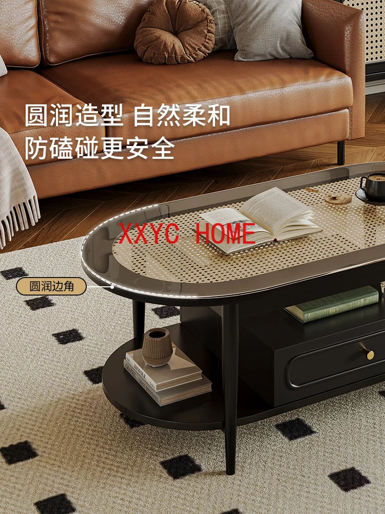 Vine Weaving Elliptical Solid Wood Small Unit Living Room Household Light Luxury and High Grade Black Glass Tea Table