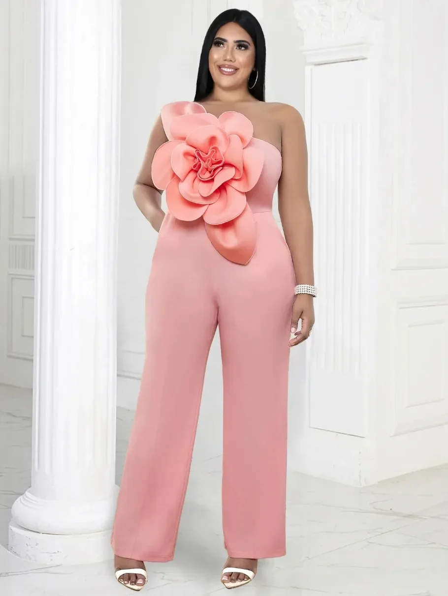 Women Flower Appliques One Shoulder High Waist Jumpsuits Long Wide Leg Pants Rompers Plus Size 4XL Evening Party Wear