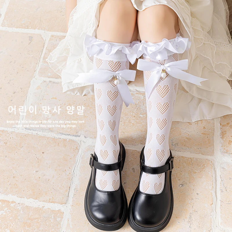 Baby Kids Big lace bow pendant pearl Long Lolita Socks Hollow mesh heart Over The Knee High Sock Princess Girls Kawaii Stockings