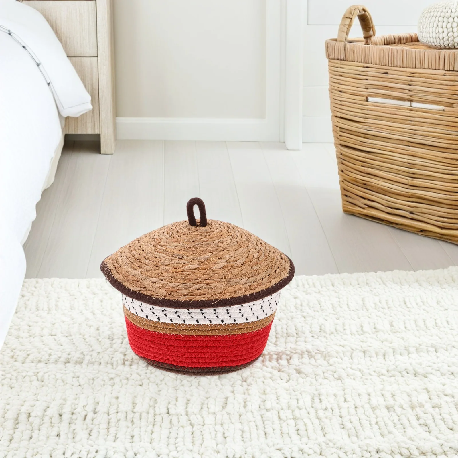 

Round Woven Storage Basket Cotton Rope Hamper With Lid For Living Room Nursery Organizer Sundries Bin Box Braided Handwoven Bins