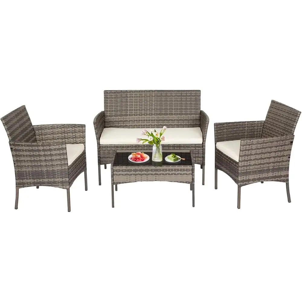 

Комплект мебели для патио из 4 предметов, серый и Kh닥 уличная плетеная мебель с журнальным столиком, современные стулья из ротанга, набор для бесед на открытом воздухе