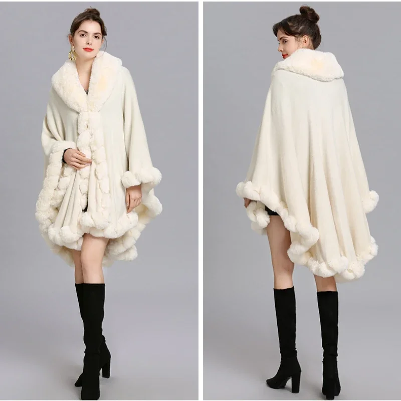 European American New Cape Plus Size Coat Women Shawl Loose Faux Fur Collar Knitted Cardigan Shawl Cape Women's Clothing New