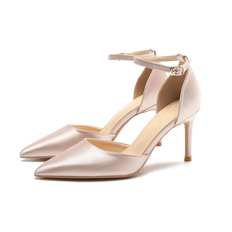 8cm Heels Women Luxury High Heels Sandals Pointed Toe Satin Ankle Straps Pumps Wedding Bride Champagne Shoes for Women 41 42 43