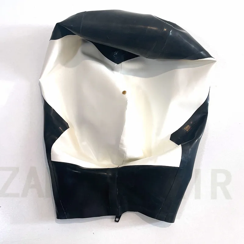 Lingerie Sexy exotique faite à la main, visage blanc, fermeture éclair au dos, masque à capuche dramatique en Latex, taille personnalisée, uniforme de fête, Costume Zentai