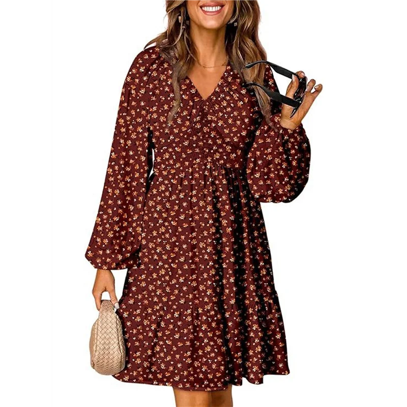Sukienka mini w stylu boho z kwiatowym wzorem, dekoltem w serek, długim rękawem, elastyczną talią i marszczeniami, idealna na jesień, codzienna, rozkloszowana, letnia sukienka na lato.