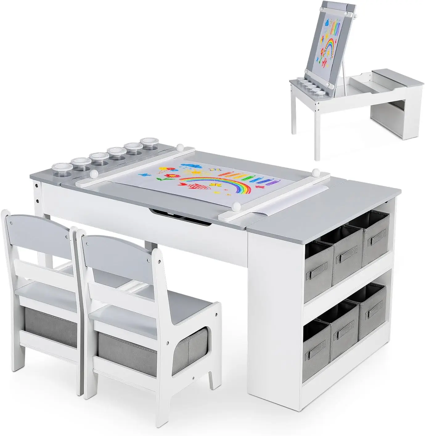 3 in 1 Kids Art Table & Chair Set, Wood Children Activity Table, 6 Storage Bins, Paper Roll, Paint Cups, Playroom, Grey