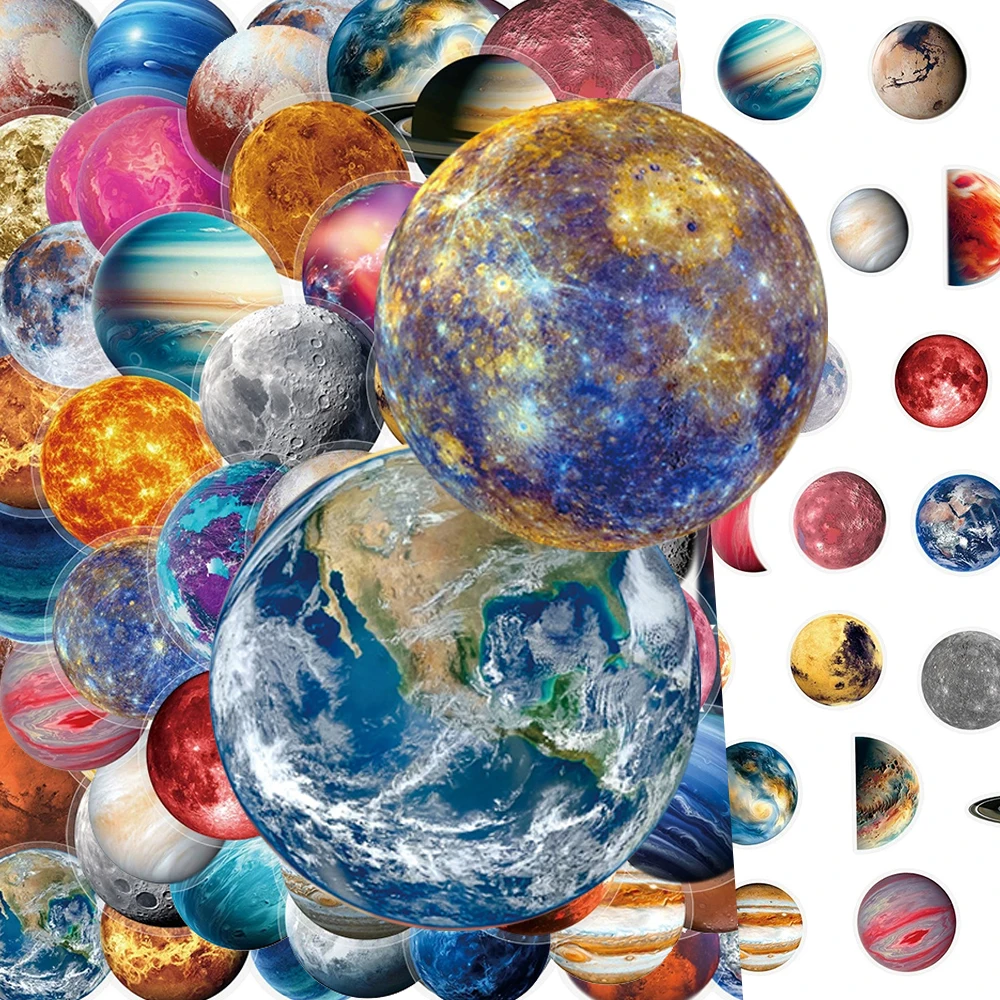 10/30/50pcs 투명 행성 달 스티커 우주 공간 낙서 데칼 DIY 노트북 가방 전화 멋진 만화 스티커 장난감