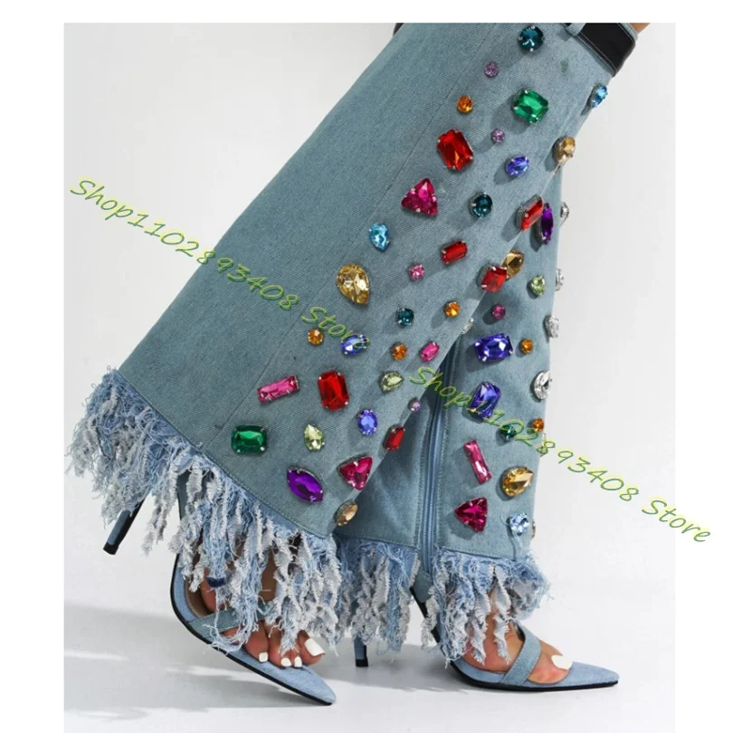 Denim Crystal Decor Sandal Boots Side Zipper Stiletto Open Toe Tassel Style Women Summer New Fashion Shoes Zapatos Para Mujere