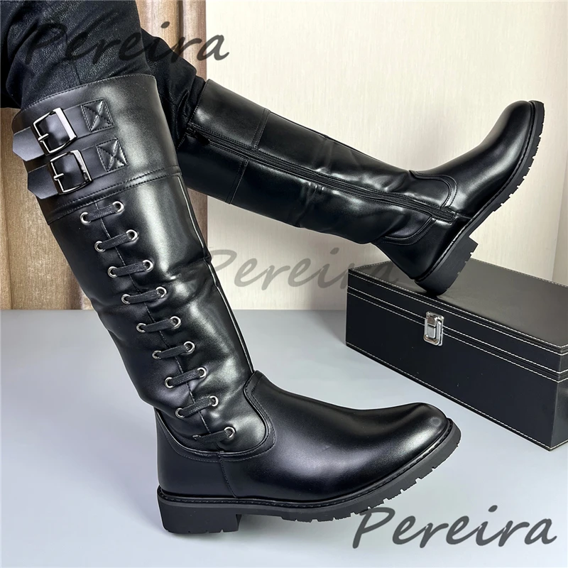 

British Style Trendy Knight Boots Black Leather Metal Buckle Thick Bottom Side Zipper Knee High Boots Spring Autumn Male Shoes
