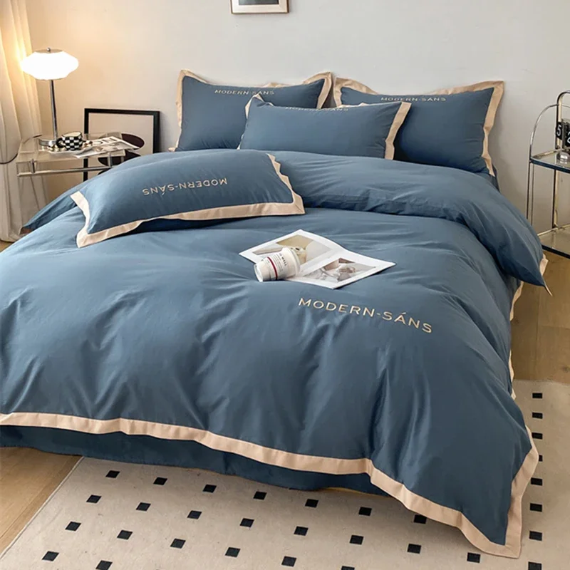 High Quality 100% Cotton Bedding Set with Embroidered Duvet Cover Pillowcases and Sheets Solid Color Single Double Bed Linen Set