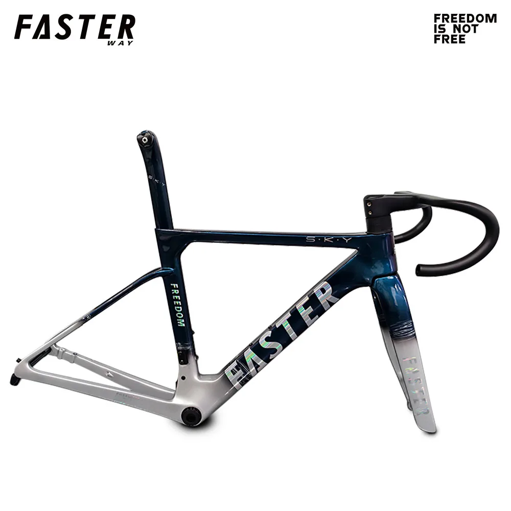

Карбоновая рама для шоссейного велосипеда FASTERWAY Freedom Classic Silver Blue с вилкой, зажимом подседельного штыря, рулевой колонкой, рулем и дисковыми тормозами 32C