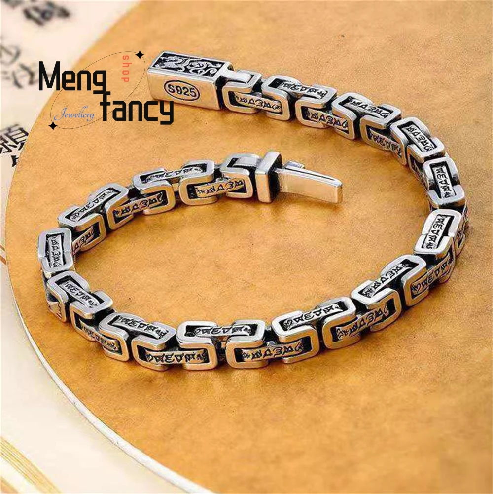 Dragon Pattern Six Words of Truth Silver Bracelet Men Trend Retro Hipster Hip-hop Personalized Fashion Fine Jewelry Holiday Gift