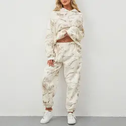 Oversized Camouflage Hoodie Set Women's Printed Hoodie Pants Set for Fall/winter Fitness Outfit Long Sleeve Top with Elastic