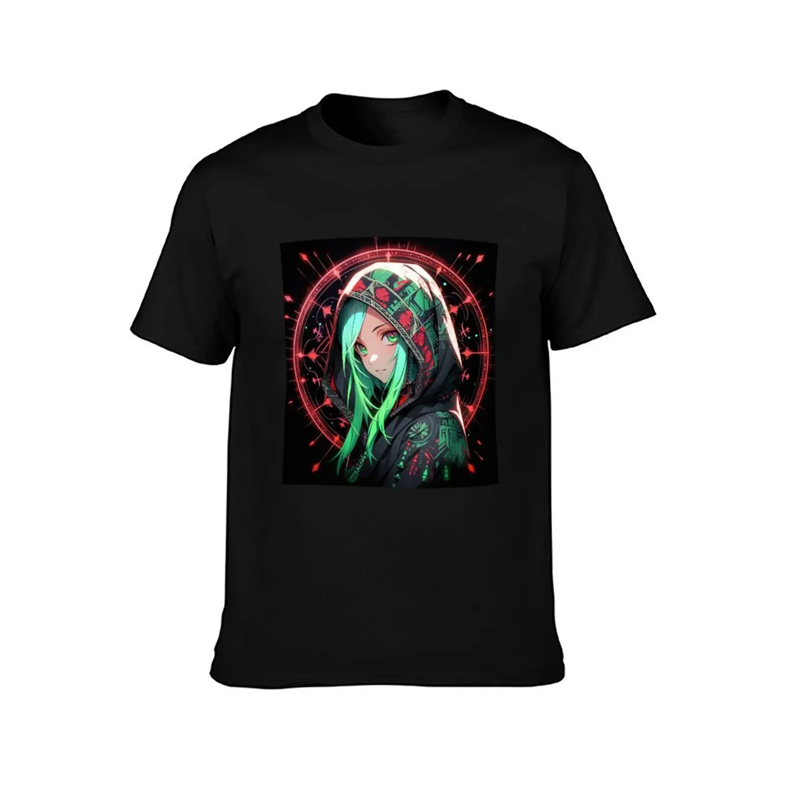 Mystical Hooded Green Hair Anime Girl T-Shirt sports fans summer top quick drying t shirts for men cotton