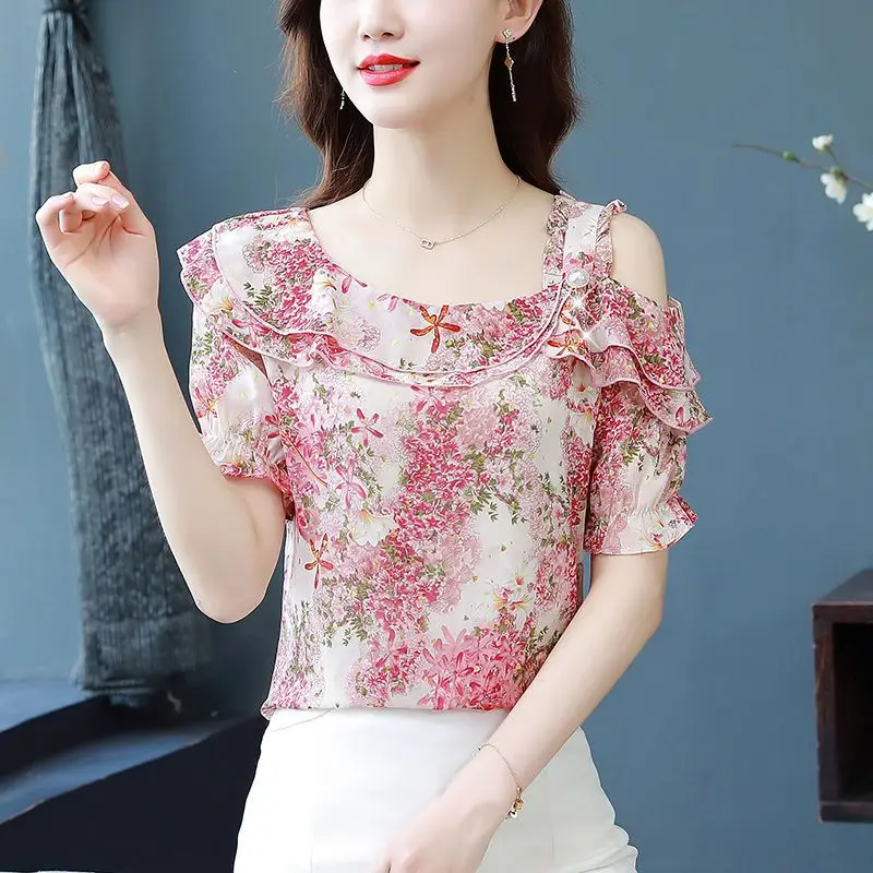 

2024 New Summer Korean Elegant and Fashionable Blouse Short Sleeved Slim Fit One Neckline Ruffles Printed Women's Shirt Top