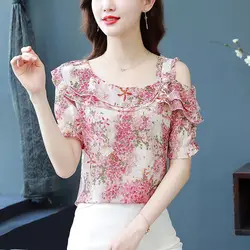 2024 New Summer Korean Elegant and Fashionable Blouse Short Sleeved Slim Fit One Neckline Ruffles Printed Women's Shirt Top