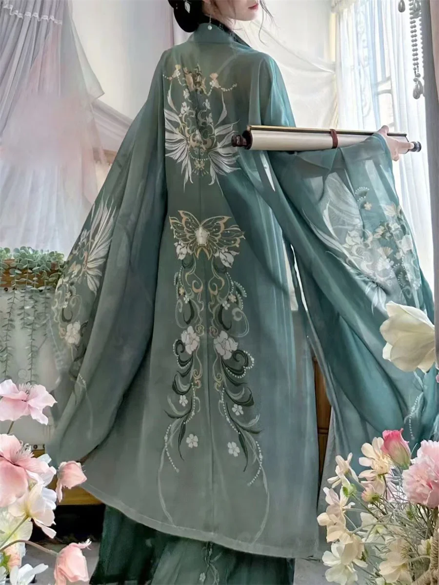 

New Hanfu Long Coat&strap&skirt Green New Chinese Style Hanfu Dress Women Elegant Han Clothes Flower Print Costumes