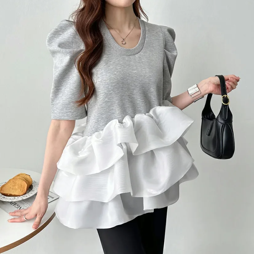 Japanese Knitted Patchwork Satin Ruffle Short-sleeve Top With Puff Sleeves And Round Neck, Slimming And Figure-flattering