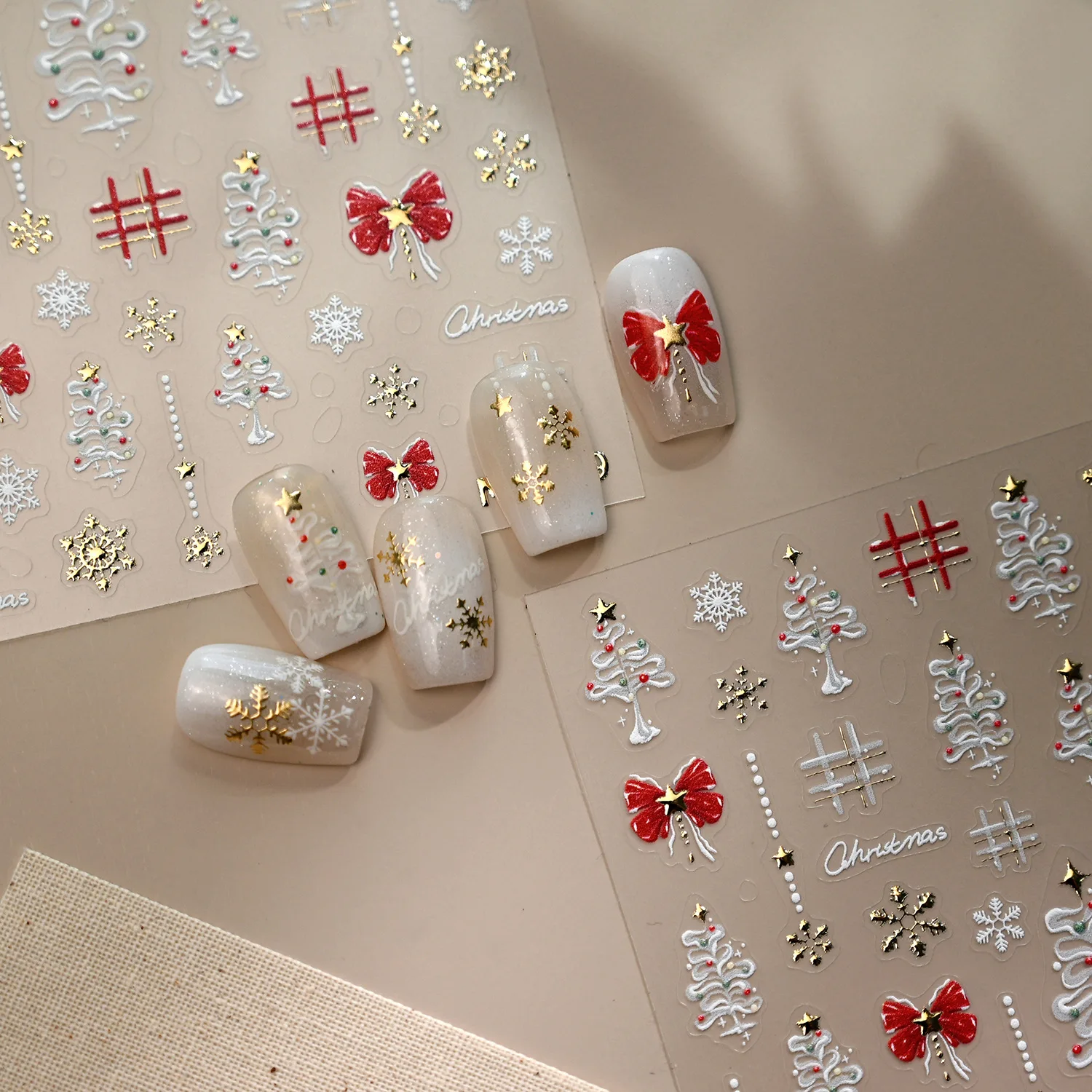 Gold White Snowflake Tree Big Red Bowknot Lovely Christmas 3D Self Adhesive Nail Art Sticker 5D Embossed Reliefs Manicure Decals