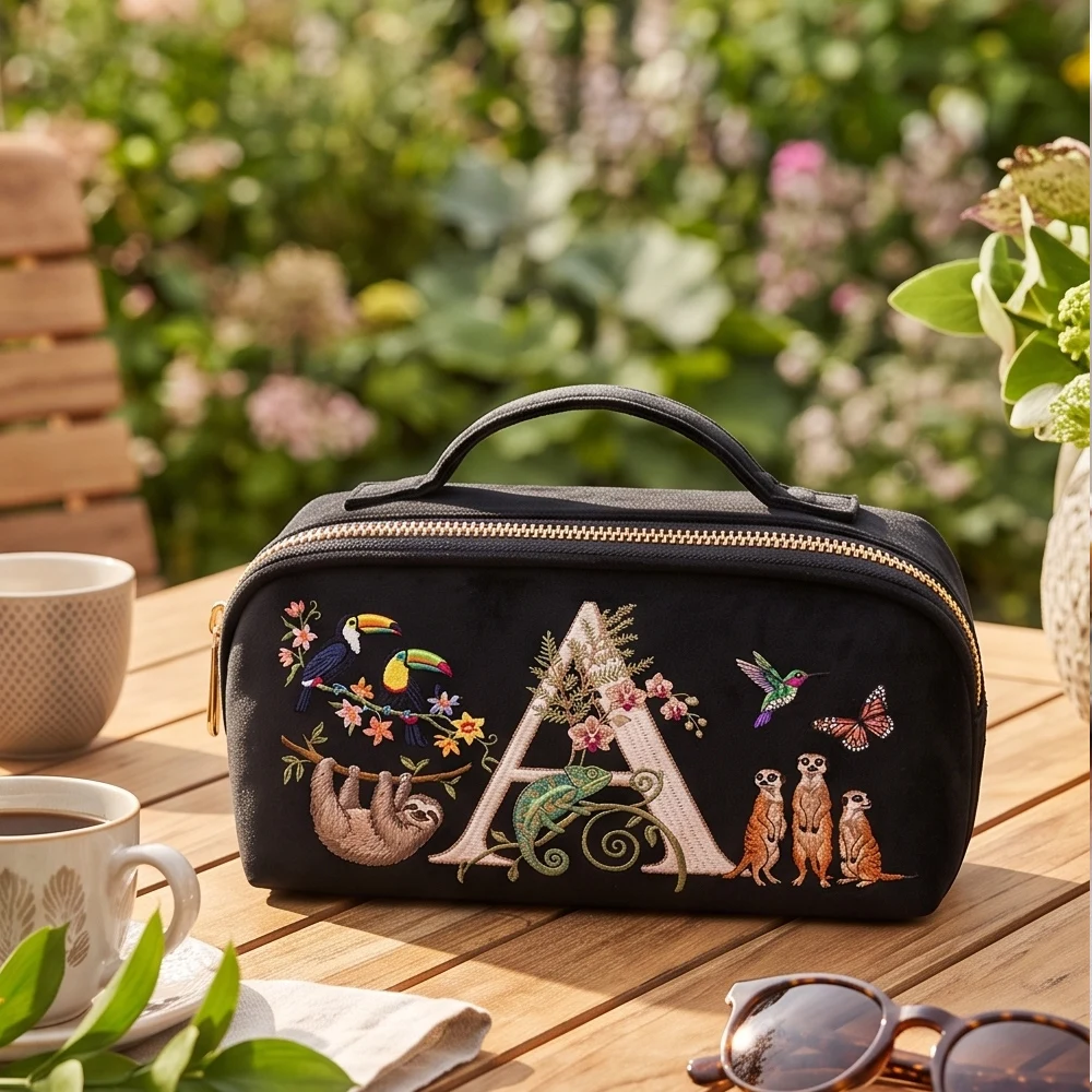 Samt-Kosmetiktasche für Damen, luxuriöser Make-up-Organizer, Kosmetik-Aufbewahrungsbeutel, Imitationsstickerei, Buchstabenmuster. – Detail 3