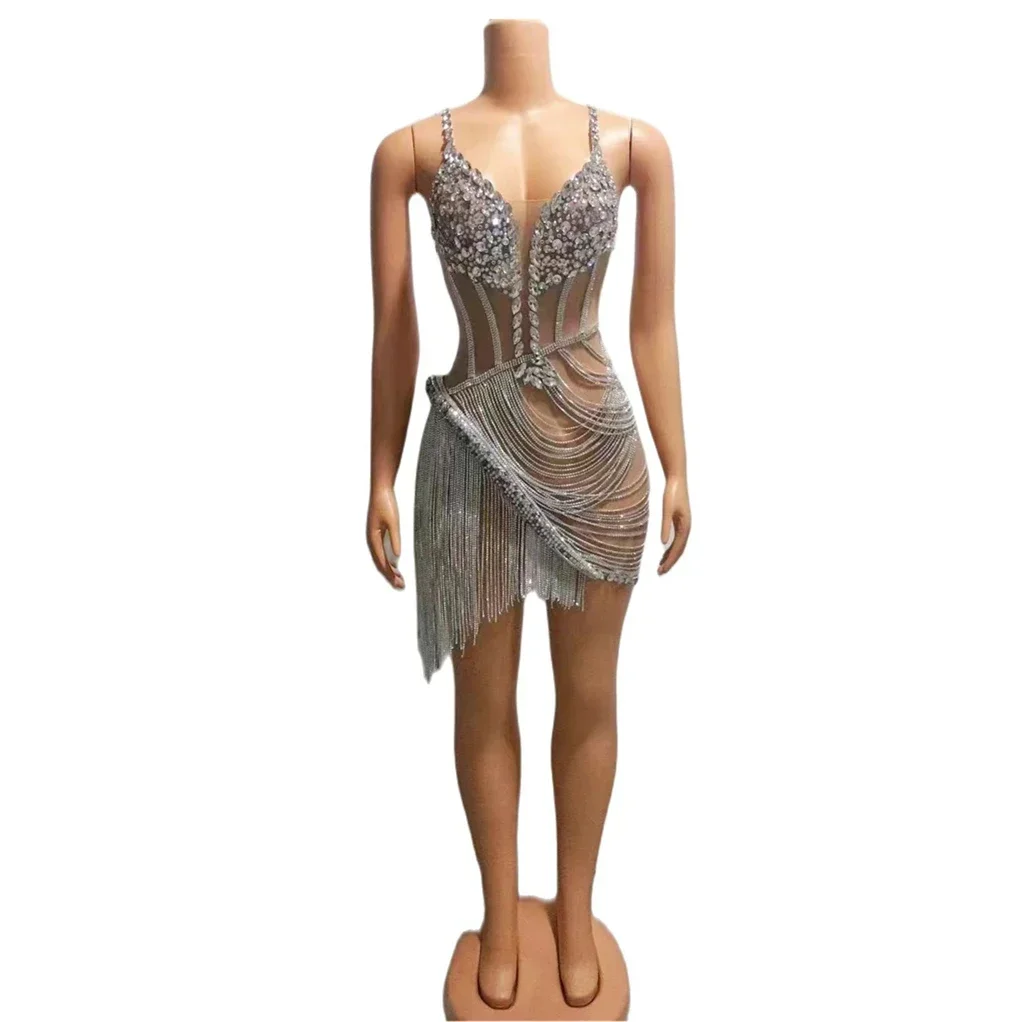 

Fringe Drill Rhinestone Sexy Dress For Women Vegas Showgirl Crystal Party Samba One Piece Performance Singer Drag Queen Costume