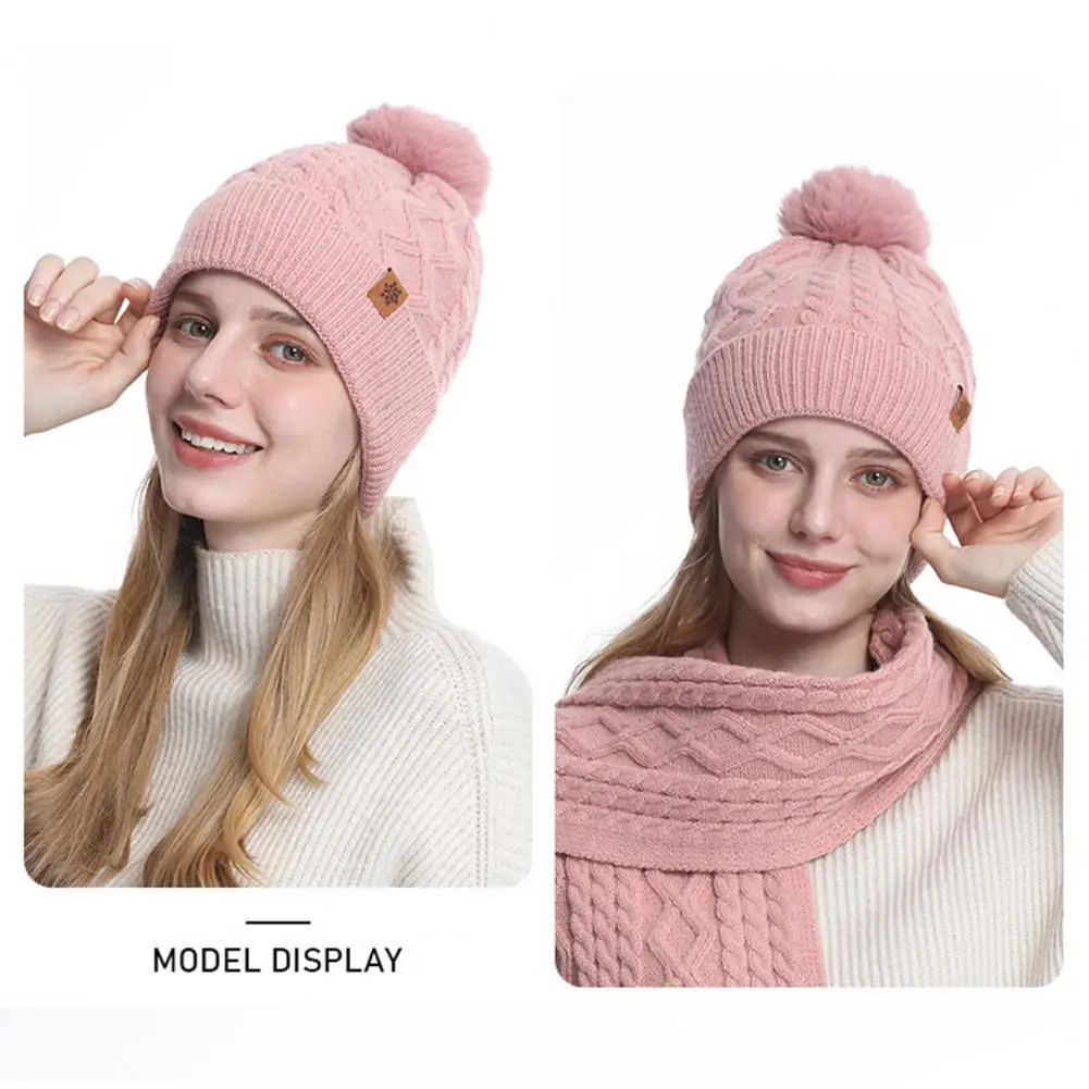 Ribbed Cable Knit Scarf Winter Hat Scarf Gloves Set with Plush Ball Decor Fleece Lined Beanie Knit Scarf Touchscreen for Women