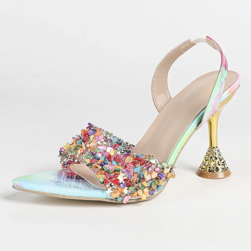 

Ladies Sandals 9cm High Heels Dress Shoes Summer Colored Rhinestones Woman Peep Toe Sandals Gold Heel Colorful Shoes Plus Size