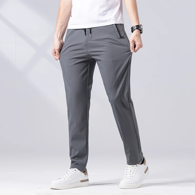 2023 Summer Casual Pants Men Straight Slim Fit Business Trousers Fashion Thin Elasticity Social Streetwear Pant Black Grey Green