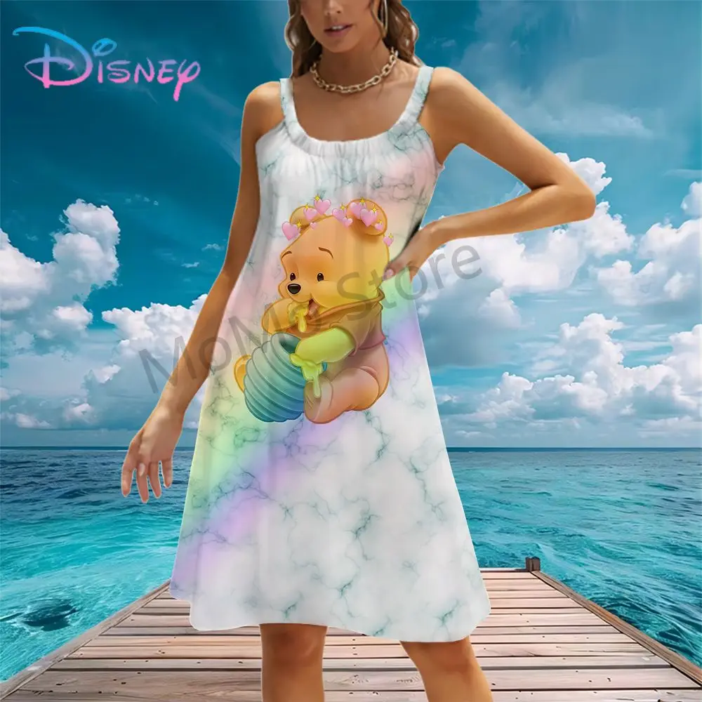 Kawaii Disney Winnie The Pooh Abiti da spiaggia da donna 2024 Y2k Boho S-3XL Abito senza maniche Per il tempo libero Estate Cuteore Sexy Sling 3D