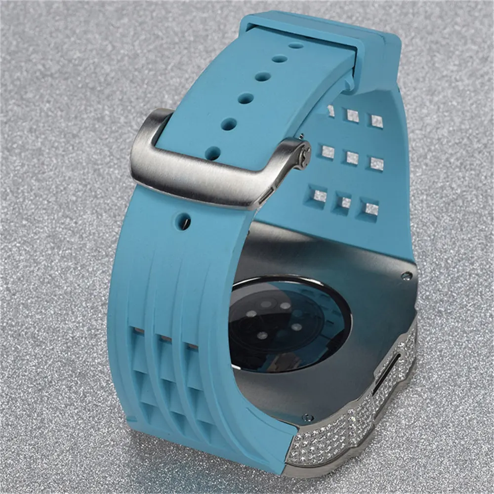 Luxury Titanium Full Bling Diamond Case + Rubber Strap AP Mod Kit for Apple Watch Series 9 8 7 6 5 4