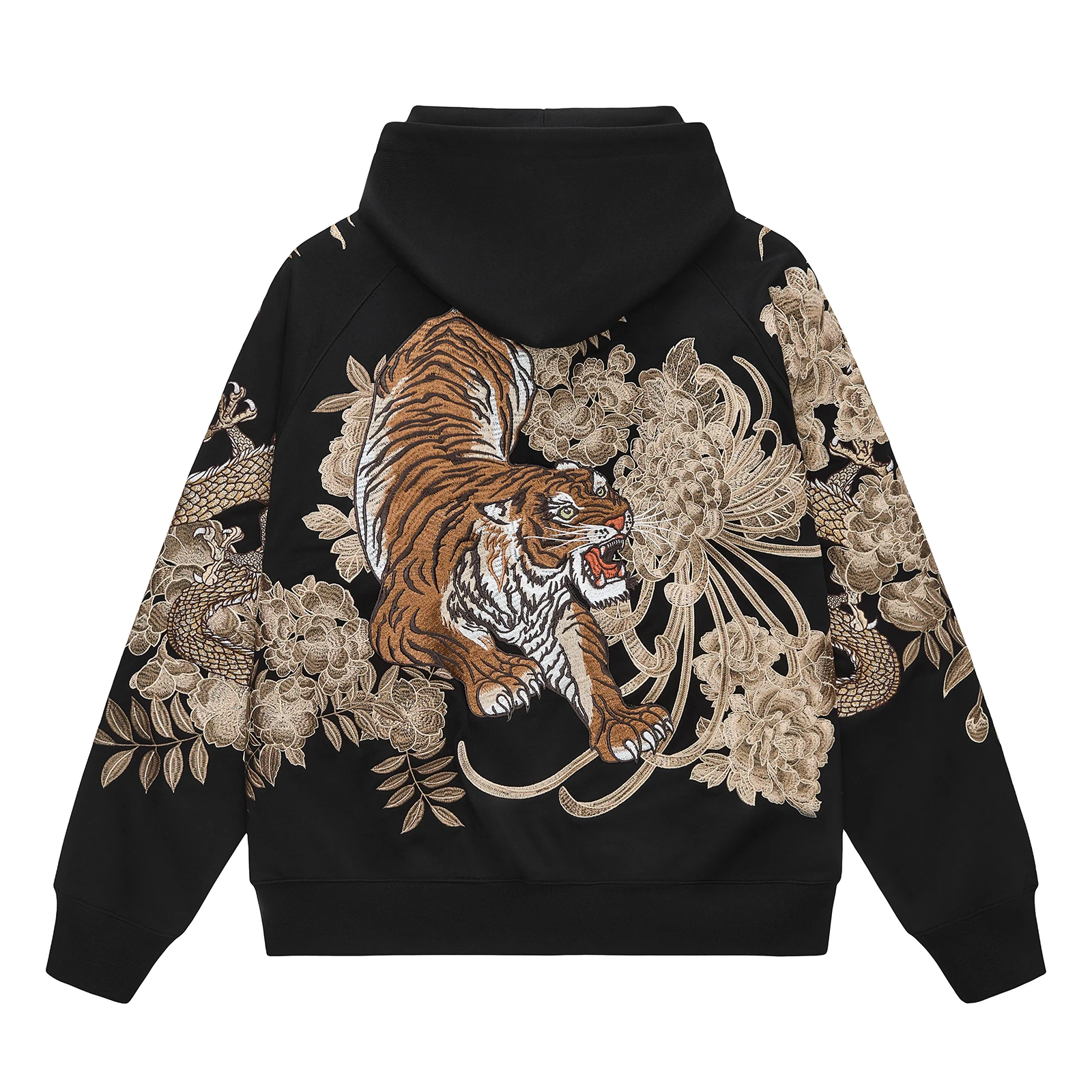 Jaqueta Streetwear Estilo Chinês com Bordado de Dragão e Tigre 2026, Moletom Masculino Preto com Zíper Estilo Anime Japonês, Hip Hop de Outono